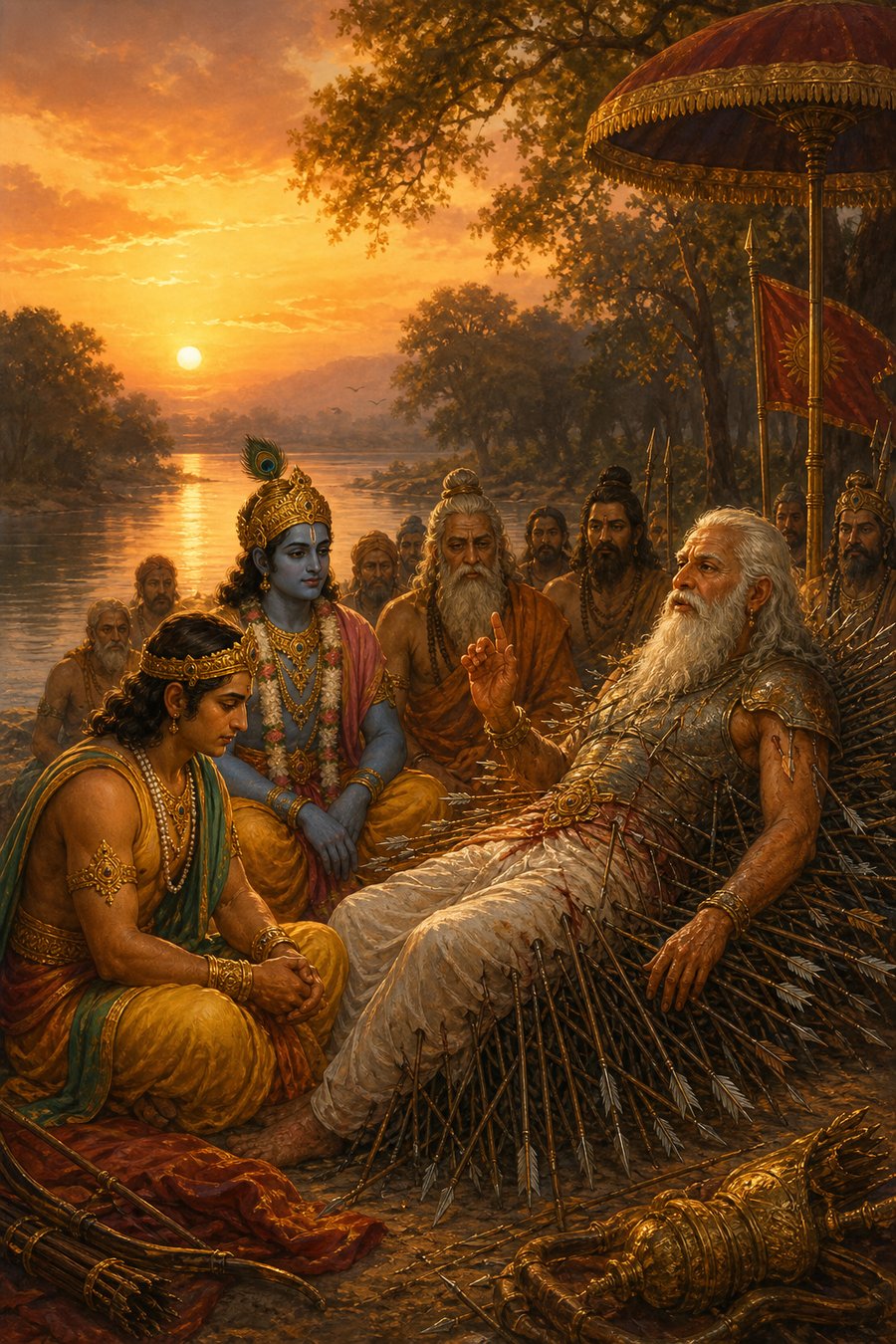 विदा की घड़ी में भीष्म राजकुमार को गले लगाते, पास खड़े कृष्ण करुणा भरी दृष्टि से देखते।