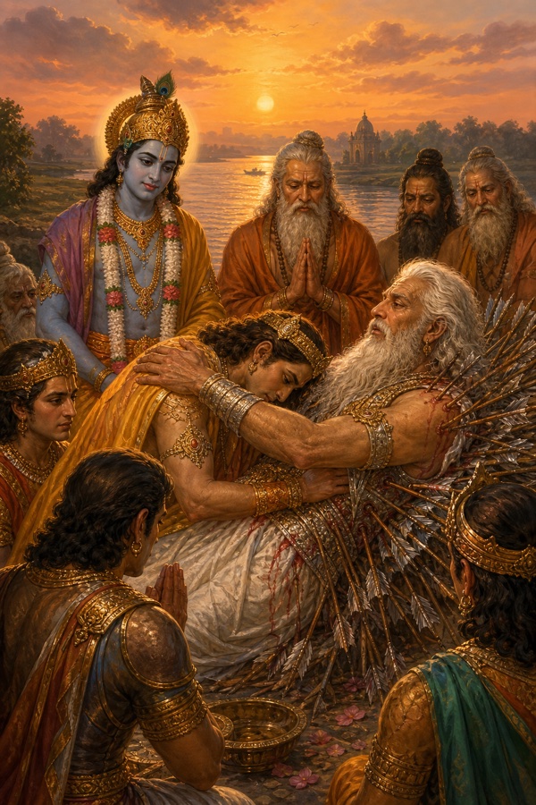 कृष्ण हथेली उठाकर भीष्म को आशीर्वाद देते, आकाश में दिव्य रथ और देवगण प्रकट होते।