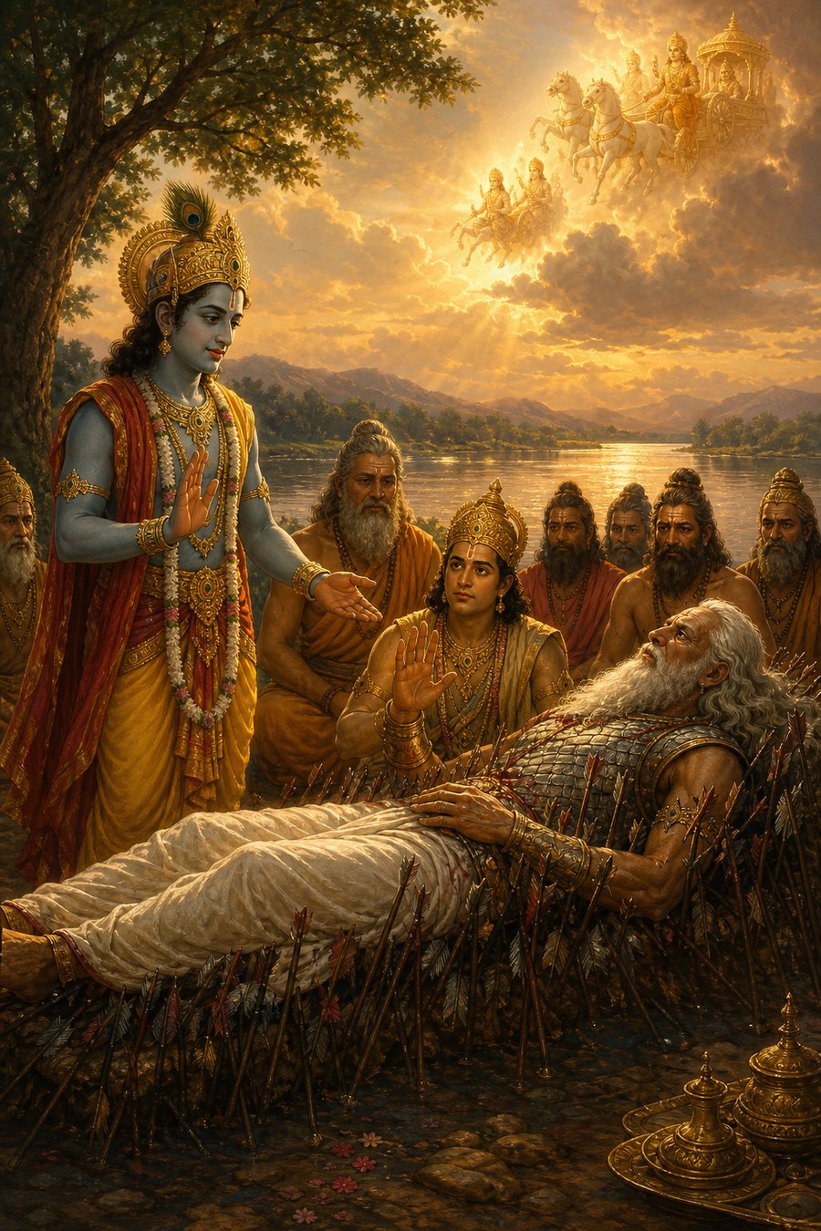 कृष्ण भीष्म की ओर हाथ बढ़ाकर विदा का संकेत देते, आकाश से देवताओं के रथ उतरते।