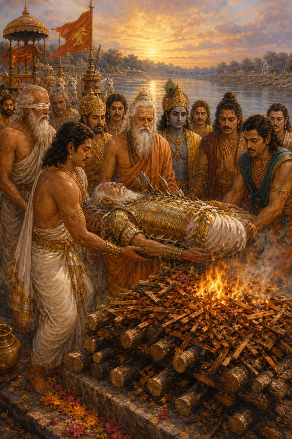 पांडव भीष्म का अलंकृत पार्थिव शरीर चंदन की चिता पर रखते, पीछे कृष्ण और आंखों पर पट्टी बांधे धृतराष्ट्र।
