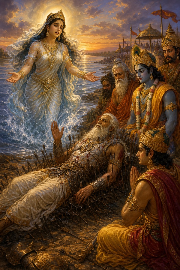 नदी से प्रकट शोकाकुल गंगा बाणशय्या पर लेटे भीष्म की ओर बांहें फैलातीं, पास कृष्ण और राजागण।