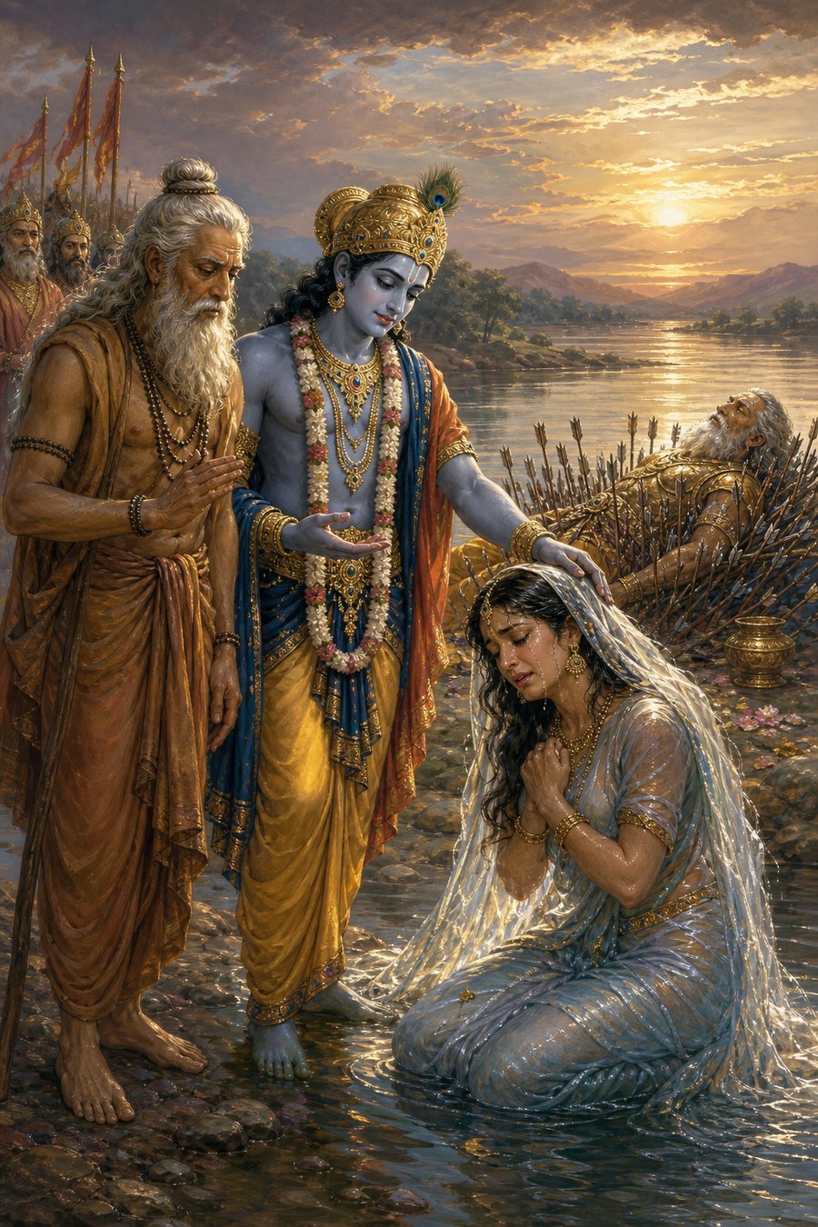 कृष्ण जल में बैठी रोती गंगा के सिर पर हाथ रखकर सांत्वना देते, पीछे भीष्म का पार्थिव शरीर।