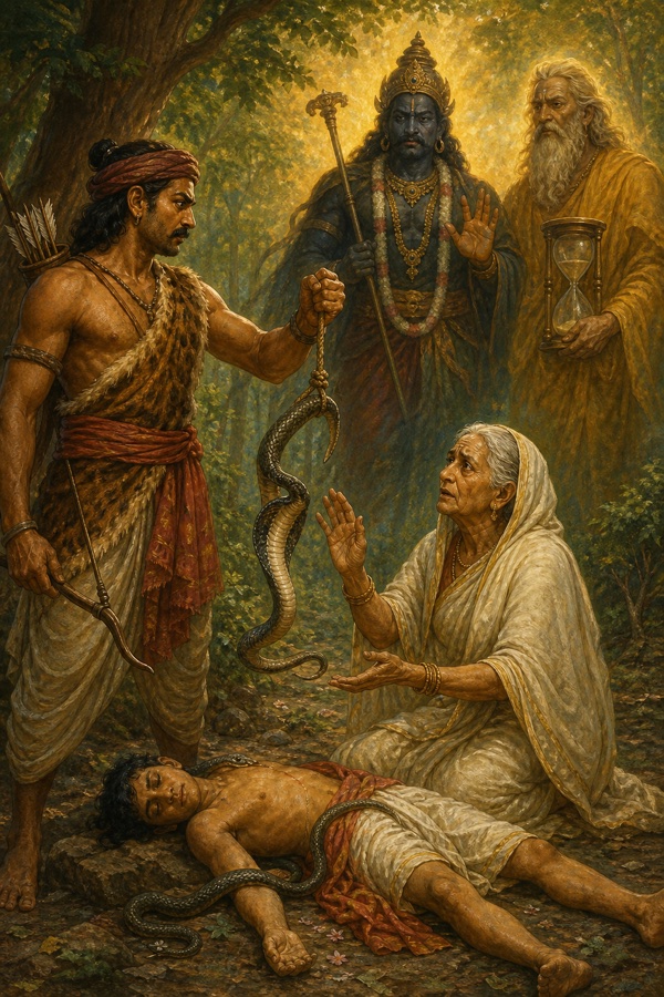 The old woman Gautami calming a hunter (Arjunaka) who holds a snake by a noose over her dead snake-bitten son, with the figure of Death (Mrityu) and Time (Kala) hovering as the debate of blame unfolds in a forest grove.