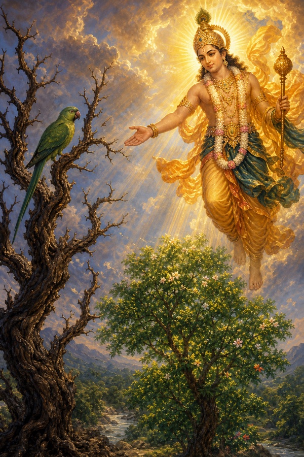 A faithful parrot (Shuka) perched on a withered leafless tree, refusing to abandon it; Indra in radiant disguise descending from the sky, moved by the bird's compassion, restoring the tree to green bloom.