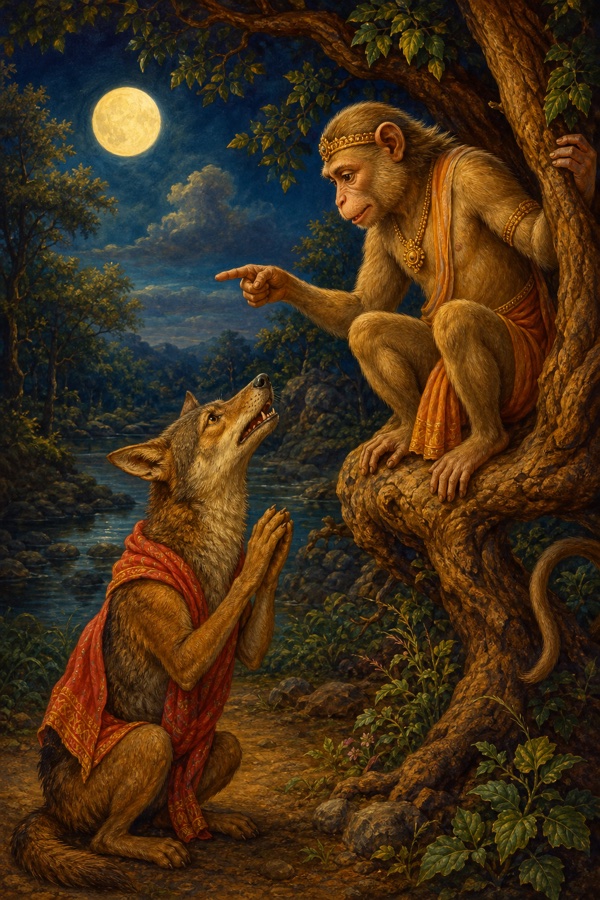 A wily jackal and a monkey in animated conversation in a moonlit forest clearing, the jackal pleading and the monkey gesturing, illustrating the fable of a broken promise of charity.