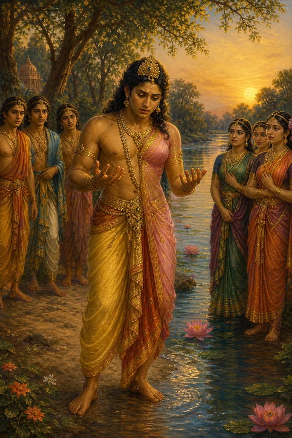 King Bhangashvana standing at a magical river's bank, half-transformed from man into woman, gazing in wonder at his/her own changed body, with grown children of both lives gathered on the shore.