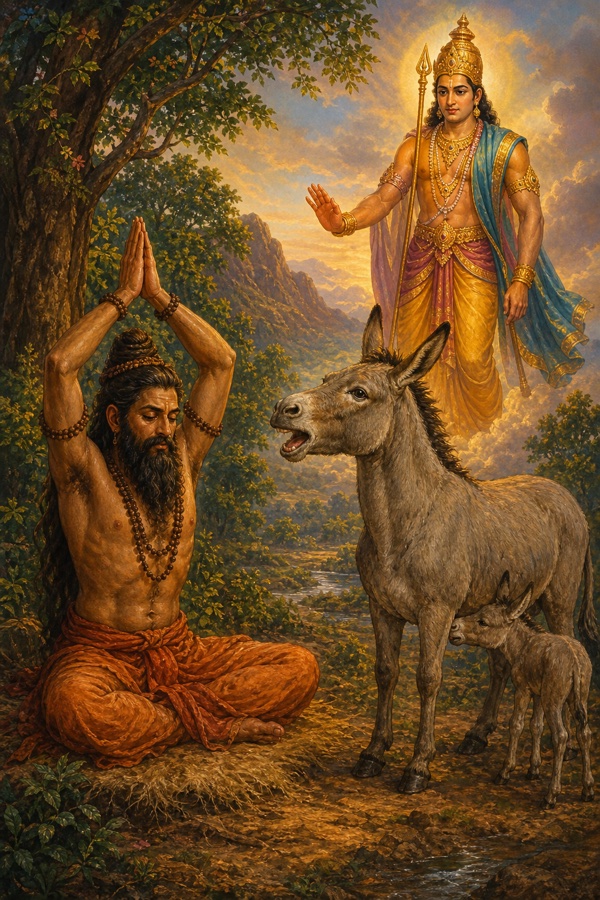 The ascetic Matanga seated in fierce penance before a she-donkey nursing her foal, the donkey speaking to him, while Indra appears nearby to dissuade him from his vow.