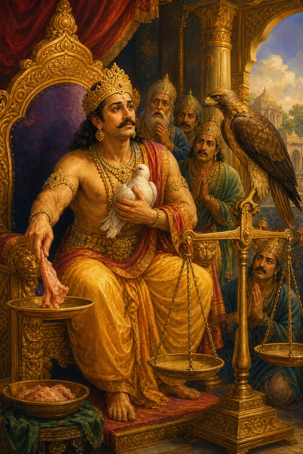 King Vrishadarbha (Shibi-like) on his throne offering his own flesh on a balance scale to a hawk, to ransom a trembling pigeon sheltering in his lap, courtiers watching in awe.