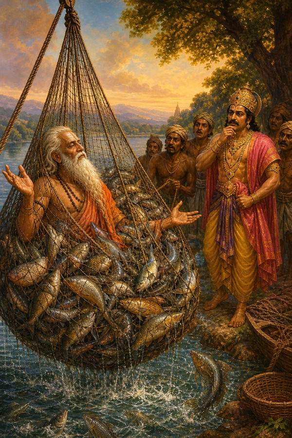 Sage Chyavana hanging suspended in a fisherman's net alongside thousands of caught fish in a river, refusing to be parted from the creatures, while fishermen and King Nahusha stand bewildered on the bank.