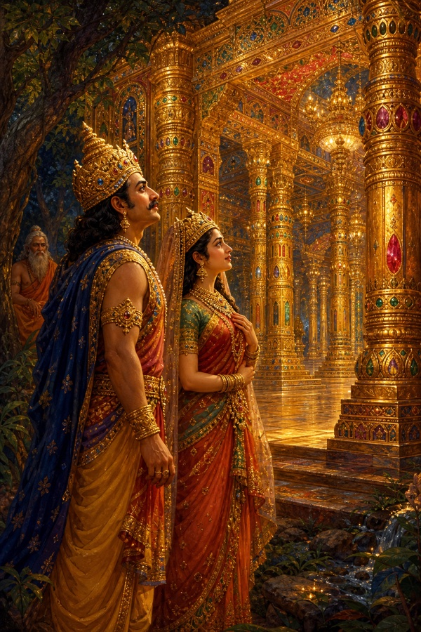 King Kushika and his queen entering a dreamlike golden palace of a thousand pillars conjured in the forest, gazing up in astonishment at its jeweled splendor created by sage Chyavana's power.