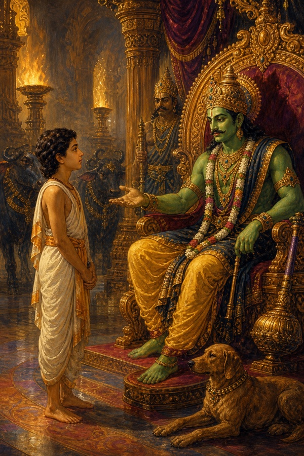 The boy Nachiketa standing before Yama, lord of death, in the radiant hall of Yamaloka, the green-skinned god receiving the young brahmin with honor and the gift of boons.