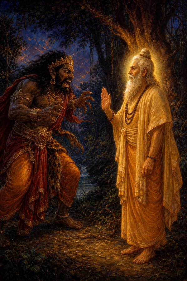 King Saudasa, cursed and turned into a flesh-craving rakshasa, confronting sage Vasishtha in a dark forest, the radiant sage standing serene against the monstrous transformed king.