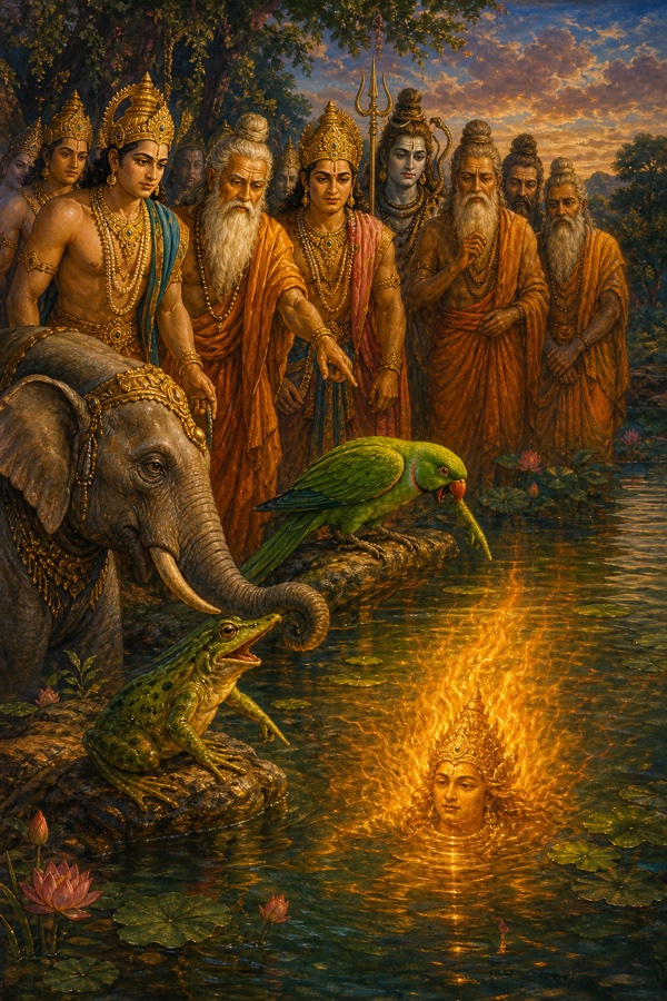 The gods and sages searching for the hidden fire-god Agni, who hides in water; a frog, an elephant, and a parrot revealing his hiding place and being cursed, with Agni's glow shining through the pond.