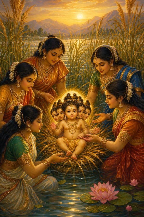 The radiant infant Kartikeya born from Agni's seed in the river Ganga among golden reeds, the six Krittika mothers reaching to nurse the shining six-faced divine child.