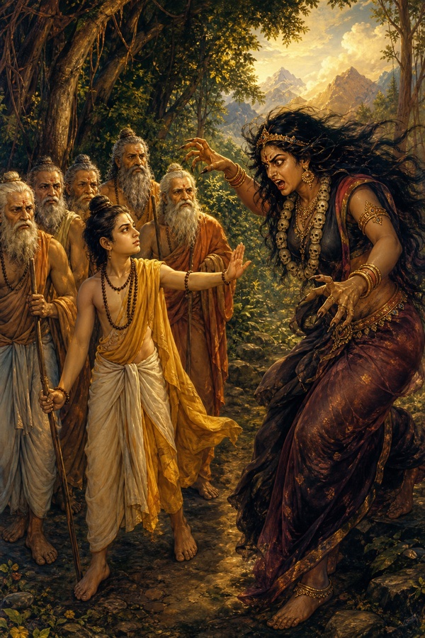 Indra disguised as the ascetic boy Sunahsakha walking with the seven starving sages through a forest, confronting the fierce conjured demoness Yatudhani who threatens them.