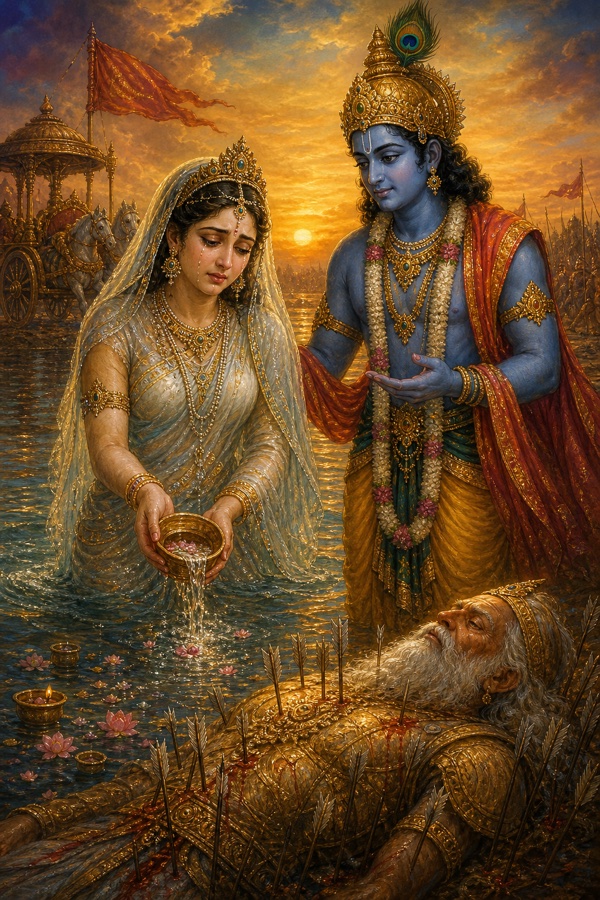 The goddess Ganga rising in grief from her river to mourn her fallen son Bhishma, offering water-oblations, while the dark blue Krishna stands beside her offering words of consolation.