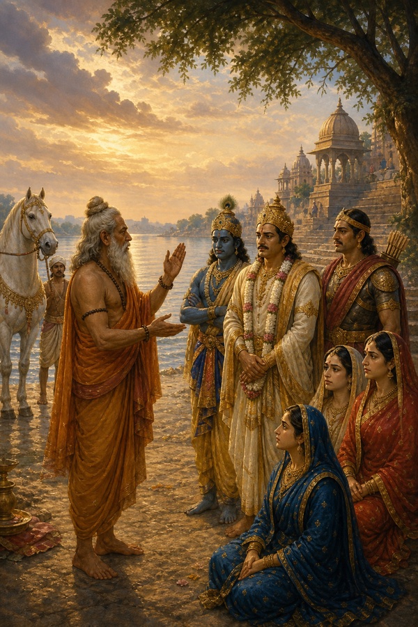 नदी के घाट पर महर्षि व्यास शोकाकुल युधिष्ठिर, श्रीकृष्ण और परिजनों को समझाते हुए, पास श्वेत अश्व खड़ा।
