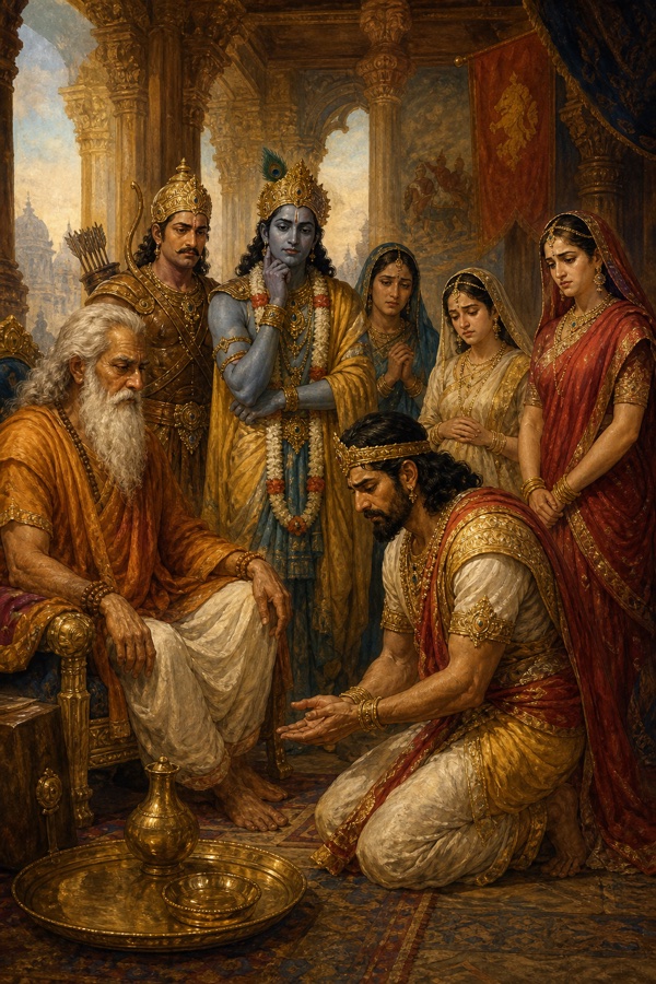 शोक में डूबे युधिष्ठिर एक वृद्ध के चरणों के पास हाथ पसारे घुटने टेके, श्रीकृष्ण और स्त्रियाँ घेरे खड़ीं।