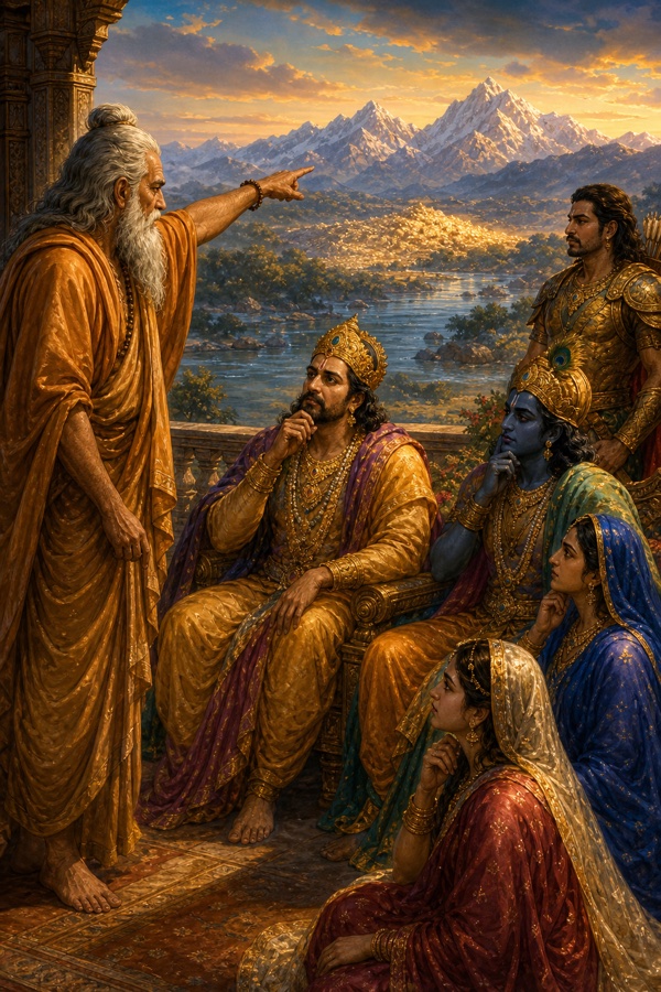 महर्षि व्यास हिमालय की ओर संकेत कर बैठे युधिष्ठिर और श्रीकृष्ण को मरुत्त के स्वर्ण की बात बताते हुए।