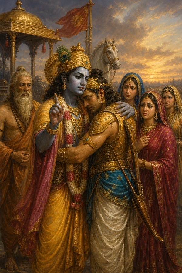 श्रीकृष्ण शोकाकुल मुकुटधारी योद्धा को गले लगाकर उँगली उठाए समझाते हुए, पास रोती हुई स्त्रियाँ खड़ीं।