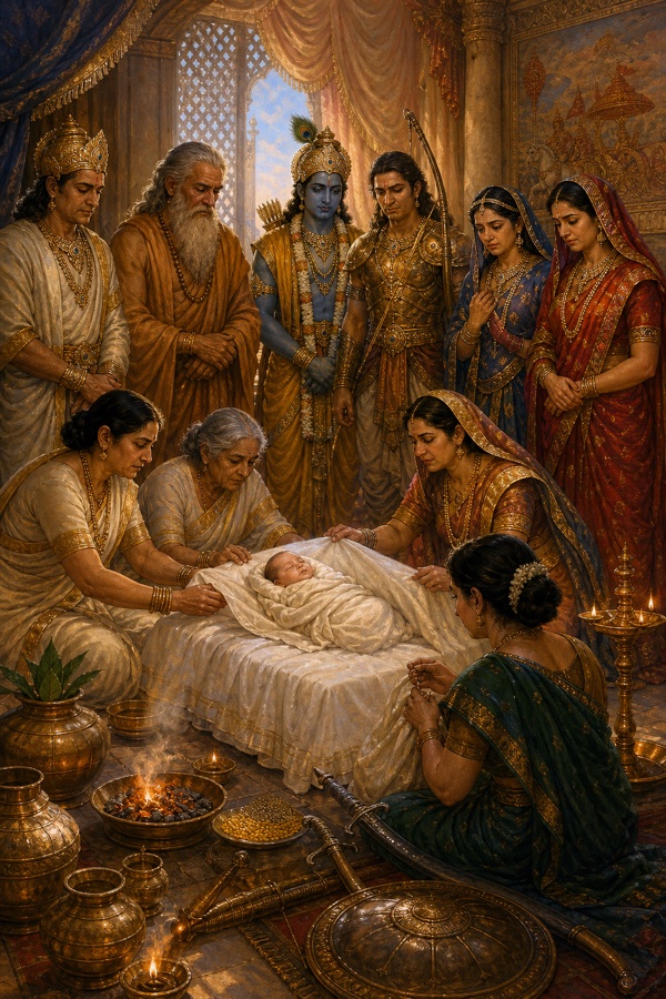 पालने में लेटे नवजात शिशु के चारों ओर झुकी चिंतित स्त्रियाँ, पीछे श्रीकृष्ण, अर्जुन और वृद्ध खड़े।