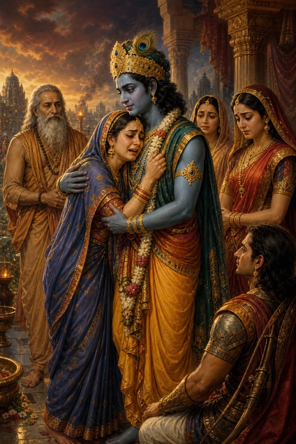 विलाप करती उत्तरा श्रीकृष्ण की बाँह थामे रोती हुई, आसपास शोकाकुल स्त्रियाँ और वृद्ध ऋषि खड़े।
