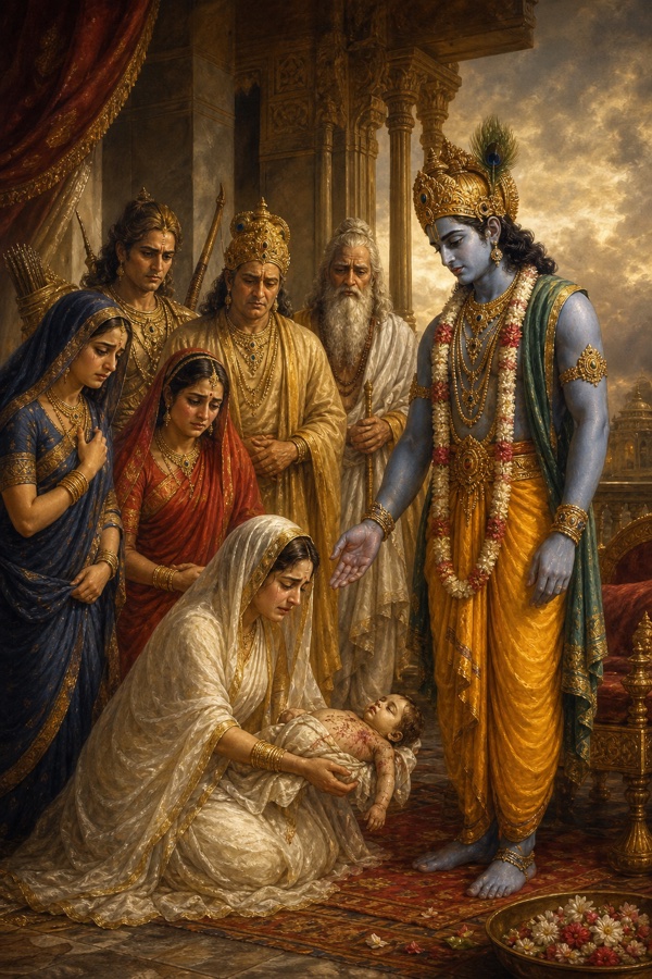 उत्तरा मृत जन्मे शिशु को गोद में लिए श्रीकृष्ण के आगे झुकी, श्रीकृष्ण उसकी ओर हाथ बढ़ाते हुए।