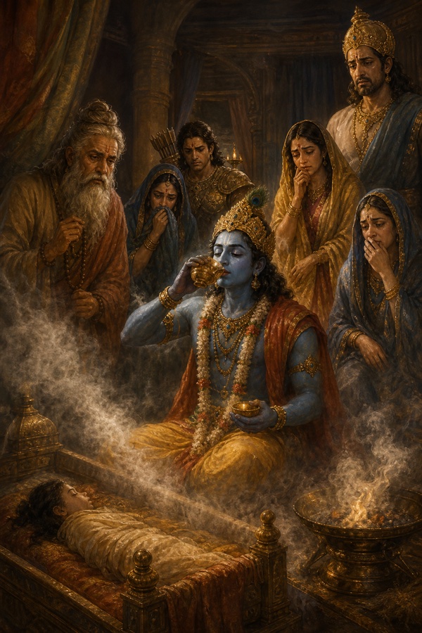 शिशु को जिलाने से पहले श्रीकृष्ण जल का आचमन करते हुए, पालने में निश्चल परीक्षित और शोकाकुल परिजन।