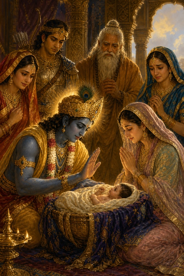 श्रीकृष्ण पालने में लेटे शिशु परीक्षित पर आशीर्वाद का हाथ उठाए, माता उत्तरा हाथ जोड़े प्रार्थना करती हुई।