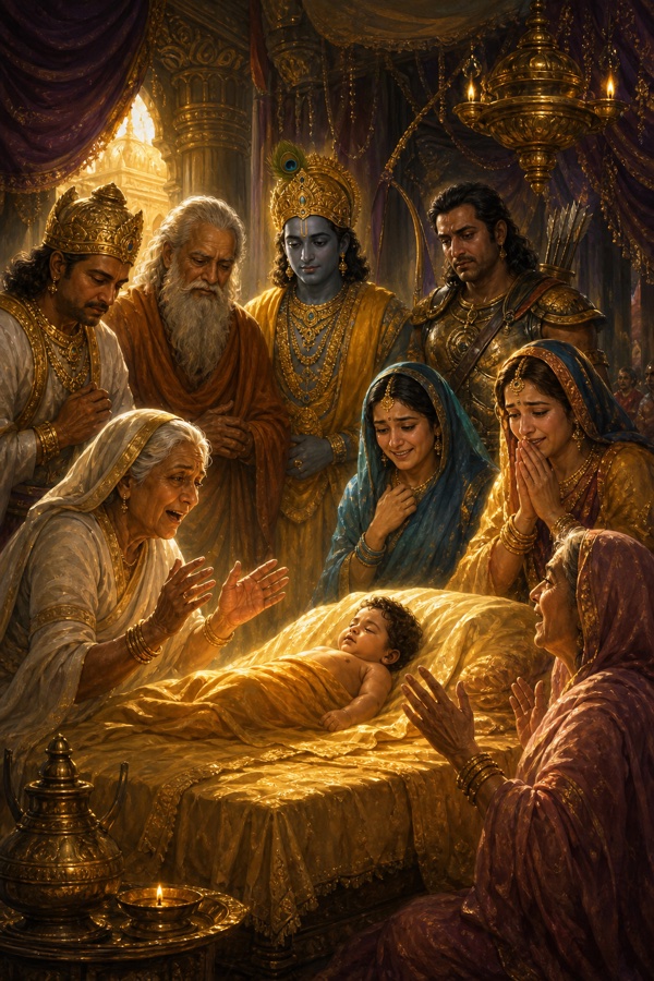 जीवित हुए शिशु परीक्षित को घेरकर आनंदित परिवार, वृद्ध स्त्रियाँ हर्ष से हाथ फैलाए, पीछे श्रीकृष्ण खड़े।
