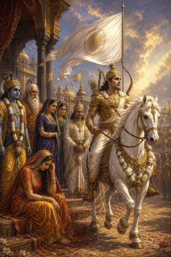 श्वेत ध्वजा तले सुसज्जित अश्वमेध अश्व के संग कवचधारी अर्जुन प्रस्थान करते हुए, सीढ़ियों पर श्रीकृष्ण और परिजन।