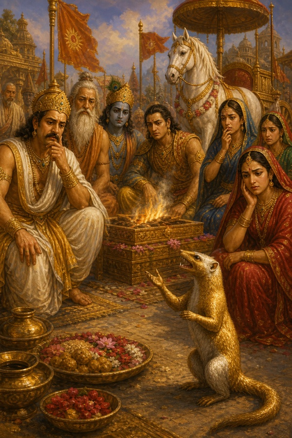यज्ञ मंडप में सुनहरा नेवला दो पैरों पर खड़ा बोलता हुआ, युधिष्ठिर, श्रीकृष्ण और सभा गंभीर होकर सुनती हुई।