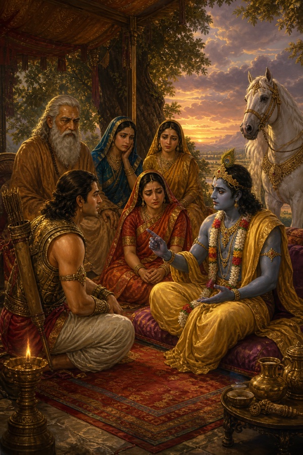 संध्या समय शिविर में बैठे श्रीकृष्ण अर्जुन और परिजनों से बात करते हुए, पीछे श्वेत अश्व और वृद्ध ऋषि।