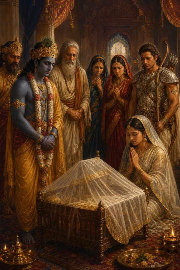 महीन वस्त्र से ढके पालने के पास हाथ जोड़े बैठी उत्तरा, चारों ओर उदास श्रीकृष्ण और परिजन खड़े।