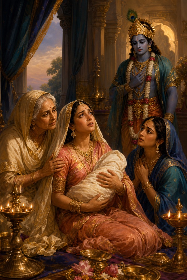 गोद में निश्चल शिशु लिए विलाप करती उत्तरा, वृद्धा कंधा थामे सांत्वना देती हुई, पीछे श्रीकृष्ण खड़े।