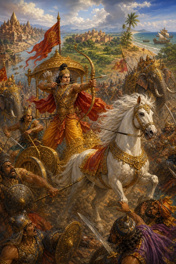 अश्वमेध के अश्व की रक्षा में रथ पर खड़े अर्जुन बाण साधे, चारों ओर सेना और समुद्रतट का नगर।