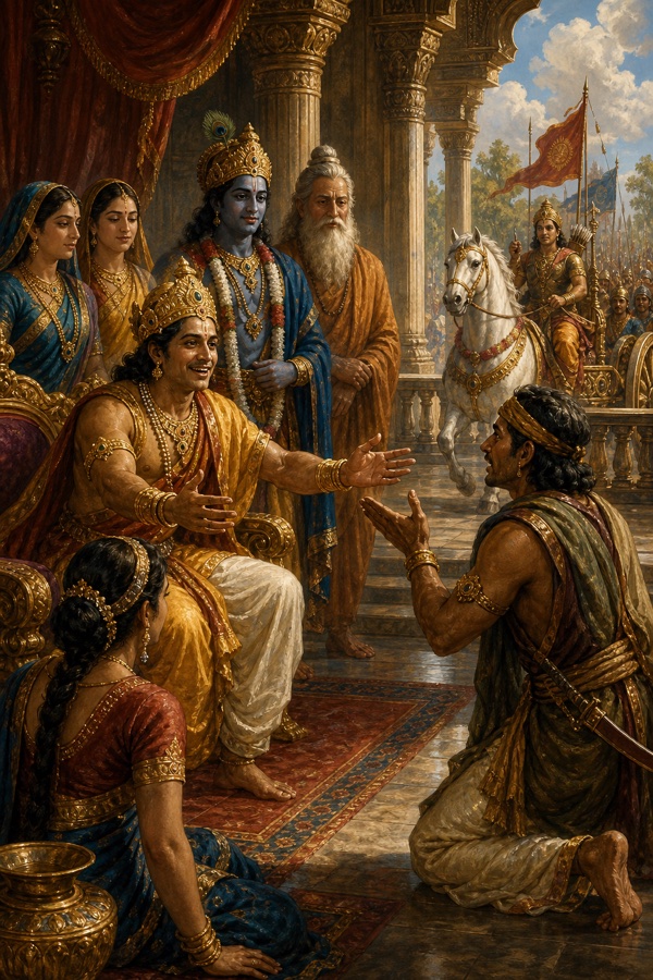 सिंहासन पर बैठे युधिष्ठिर हर्षित होकर घुटने टेके संदेशवाहक की ओर हाथ बढ़ाते हुए, पीछे लौटता श्वेत अश्व।