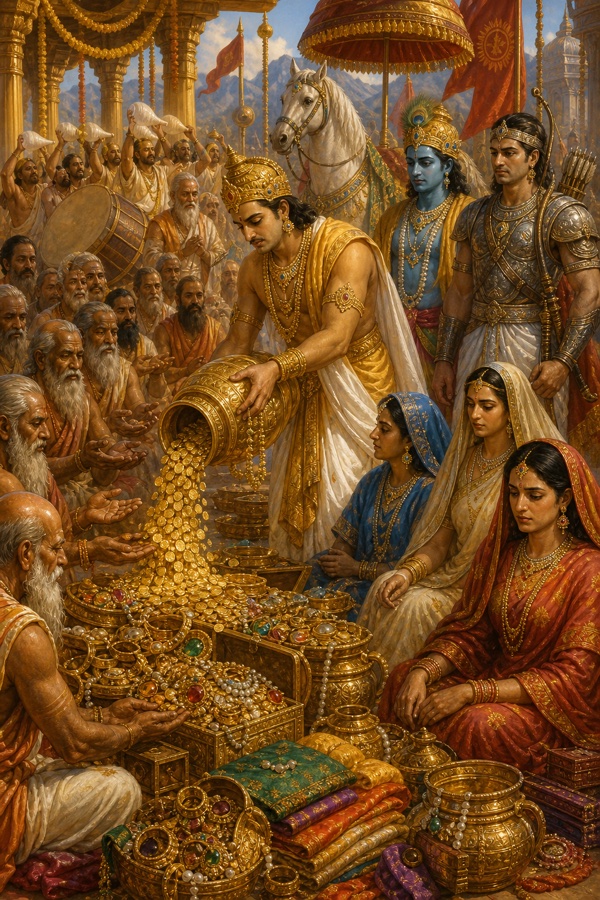 यज्ञ उत्सव में युधिष्ठिर घड़े से स्वर्ण मुद्राएँ ब्राह्मणों में बाँटते हुए, पास रत्नों के ढेर, पीछे श्रीकृष्ण।