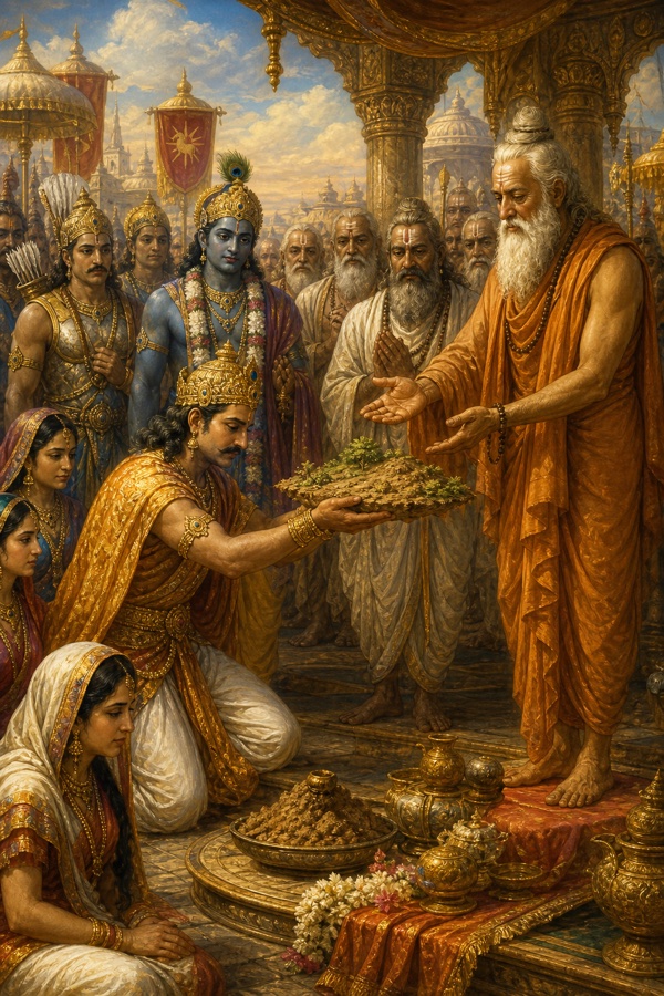 यज्ञ सभा में युधिष्ठिर घुटने टेककर महर्षि व्यास को थाल में भेंट अर्पित करते हुए, चारों ओर ऋषि और योद्धा।