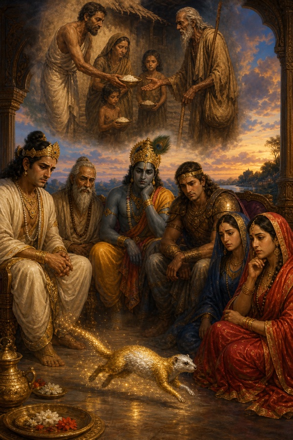 सुनहरा नेवला सभा के सामने खड़ा, ऊपर स्मृति चित्र में निर्धन ब्राह्मण परिवार अतिथि को अन्न देता हुआ।