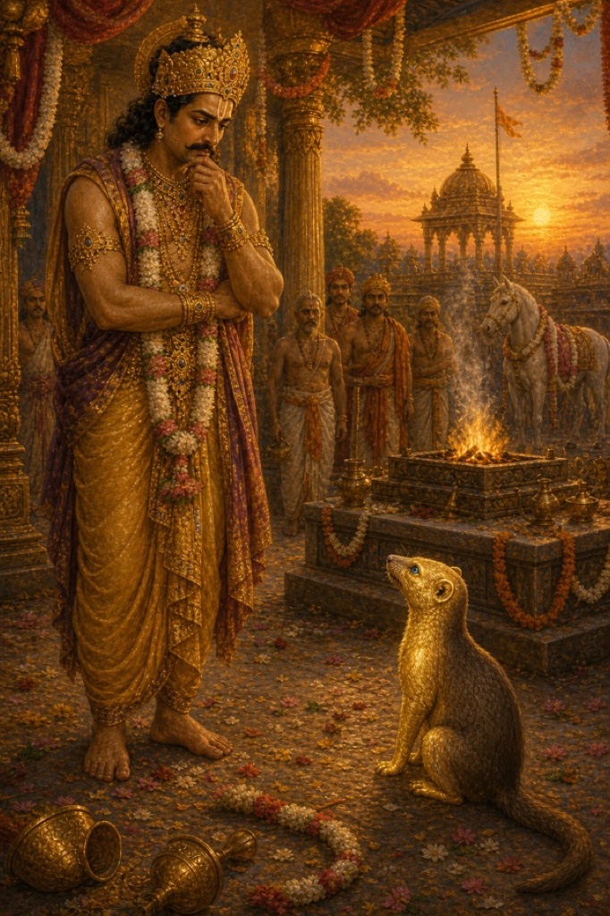 यज्ञ वेदी के पास चिंतामग्न खड़े युधिष्ठिर, सामने बैठा आधा सुनहरा नेवला ऊपर की ओर देखता हुआ।