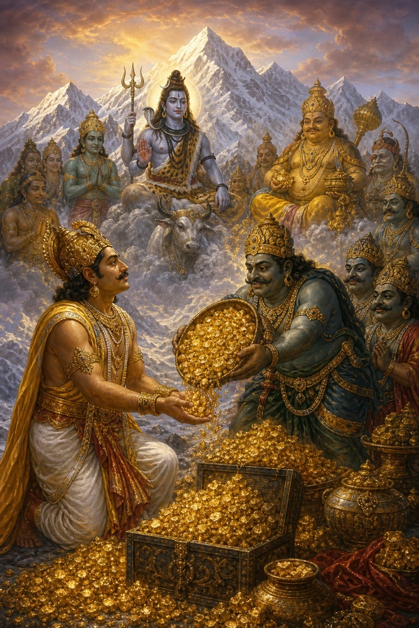 King Marutta on the Himalayan Munjavan peak receiving heaps of gold ore after propitiating Mahadeva, Shiva's ganas and Kubera's guardians nearby.