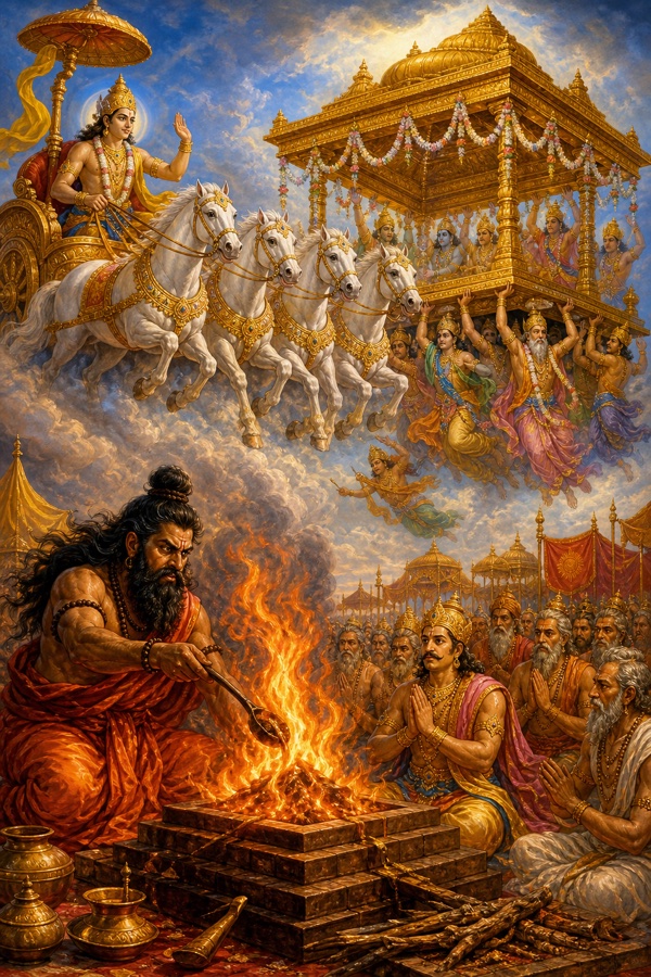 Indra arriving bodily with his horses at Marutta's yajna, gods raising a golden sacrificial pavilion while Samvarta blazes at the altar.