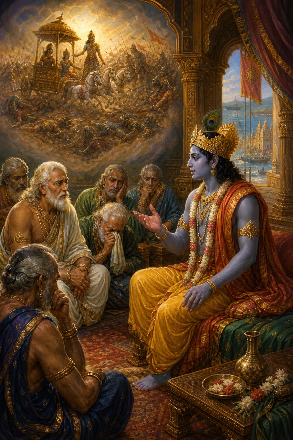 In Dwarka's hall Krishna recounts the eighteen-day war to seated Vasudeva and grieving Vrishni elders.