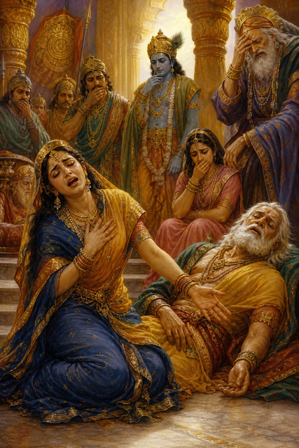 Subhadra collapsing as she learns of Abhimanyu's death, and old Vasudeva swooning beside her in the Dwarka assembly.