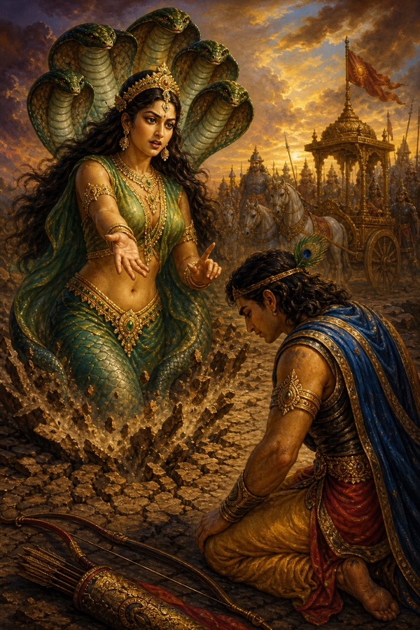 Naga-princess Ulupi risen through the cracked earth, urging the bowed prince Babhruvahana to take up arms against his father.