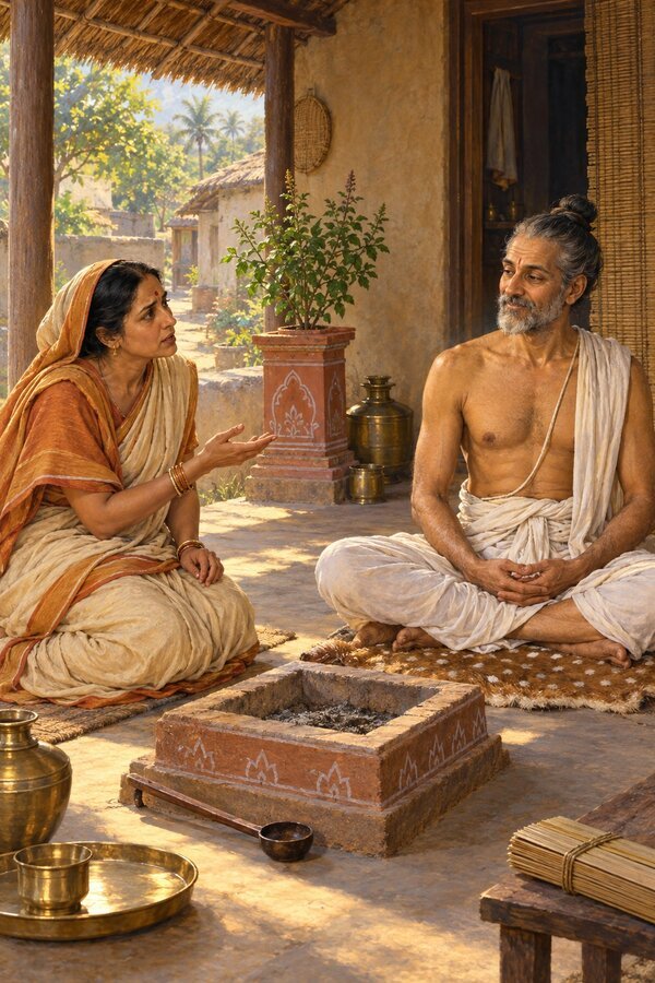 A learned Brahmin sits in meditation, all rites given up, and smiles as his wife asks which world she will reach with him.