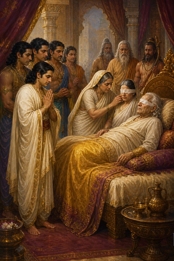 शय्या पर लेटे वृद्ध धृतराष्ट्र के पास पट्टी बाँधे गांधारी, वृद्धा सांत्वना देती हुई, पांडव हाथ जोड़े खड़े।