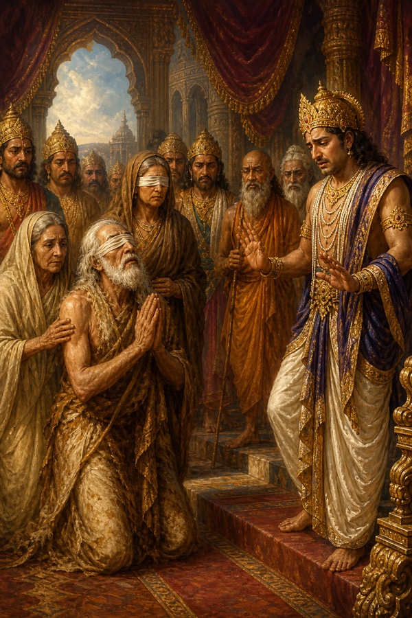 तपस्वी वेश में घुटने टेके धृतराष्ट्र और कुंती हाथ जोड़े विदा माँगते, सामने व्याकुल युधिष्ठिर हाथ उठाए।