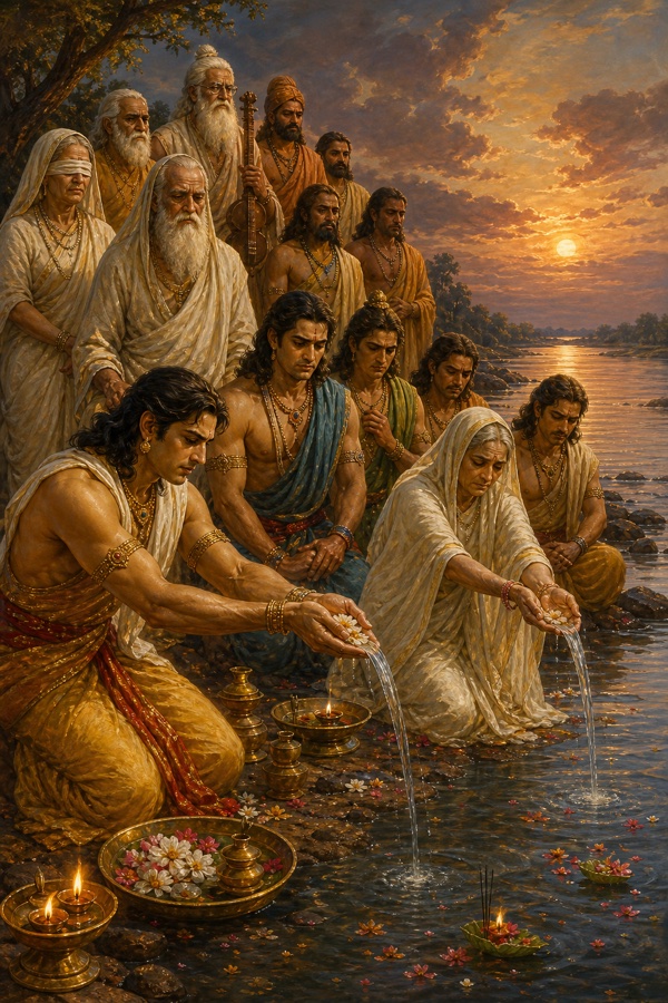 संध्या के नदी तट पर राजपरिवार दिवंगतों के लिए जल और पुष्प अर्पित करता हुआ, पीछे पट्टी बाँधे गांधारी।